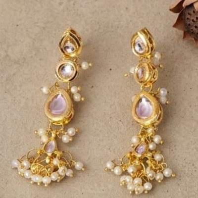 Gold Plated Kundan Pearl Long Jhumka Earrings with Pearl Drops for Women Wedding Jewellery